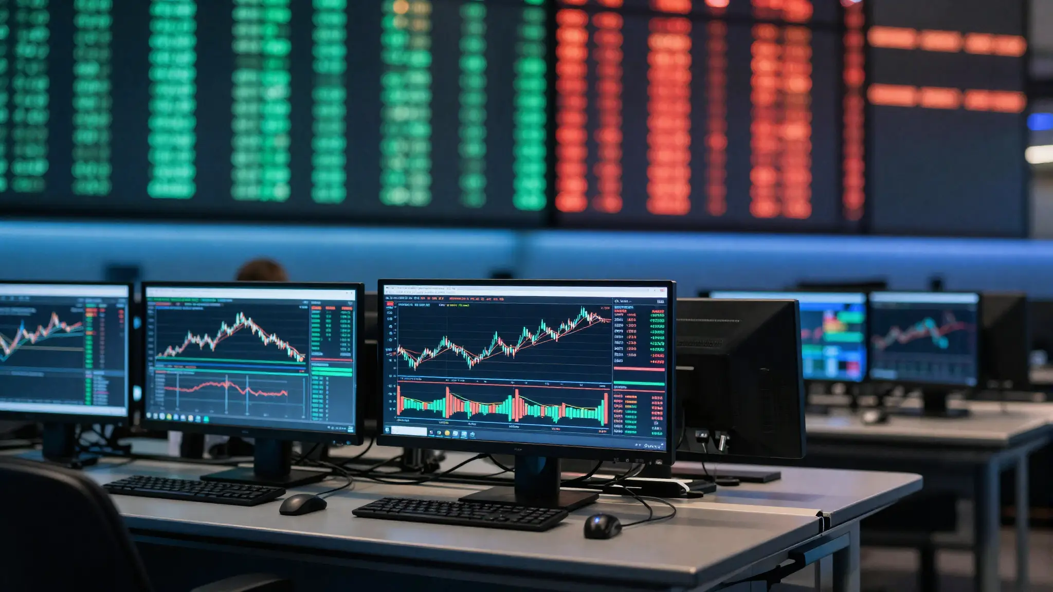 شاشات تداول في بورصة عالمية تعرض مؤشرات أسواق الأوراق المالية وحركة أسعار الأسهم